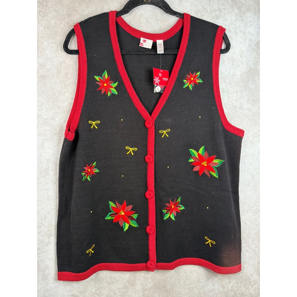 NWT Holiday Editions Sweater Vest XL Black Poinsettia Christmas Button Front